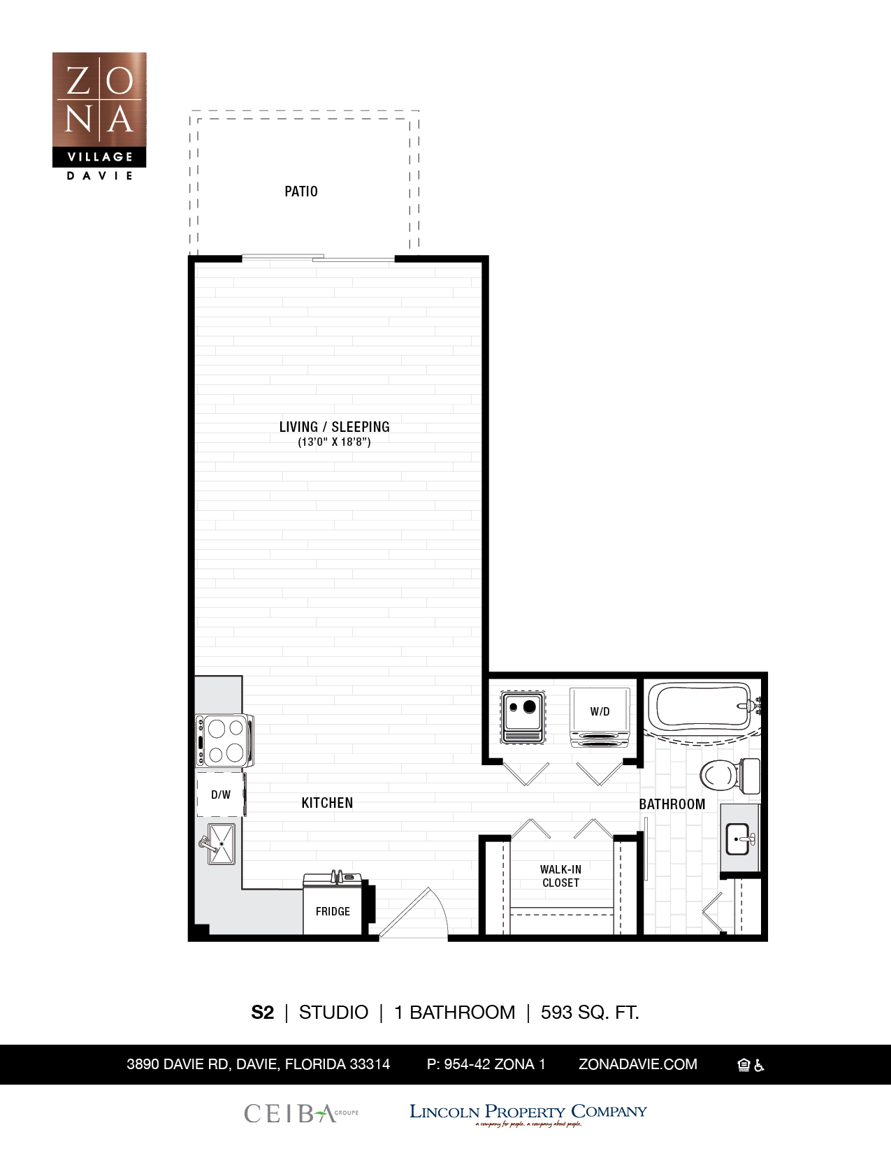 Floor plan for studio, 1 bath, 593 sqft
